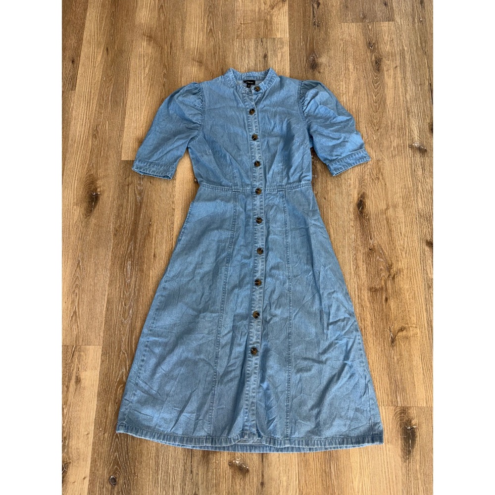 Who What Wear Boho Prairie Denim Midi Dress XS Blue Puff Sleeve Button Front